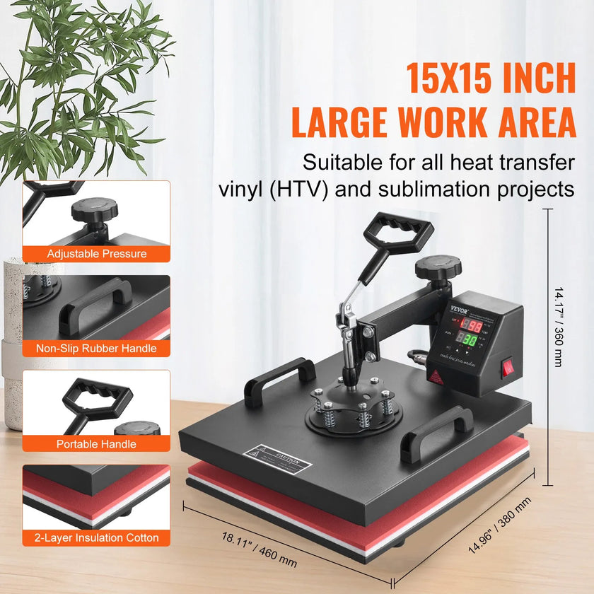 VEVOR Heat Press 15x15 Inch 8 in 1 Heat Press Machine Digital Multifunctional Sublimation Heat Transfer Machine Dual LED Display 360 Degree Rotation Swing Away for Printing T Shirts Hat Mug Cap Plate