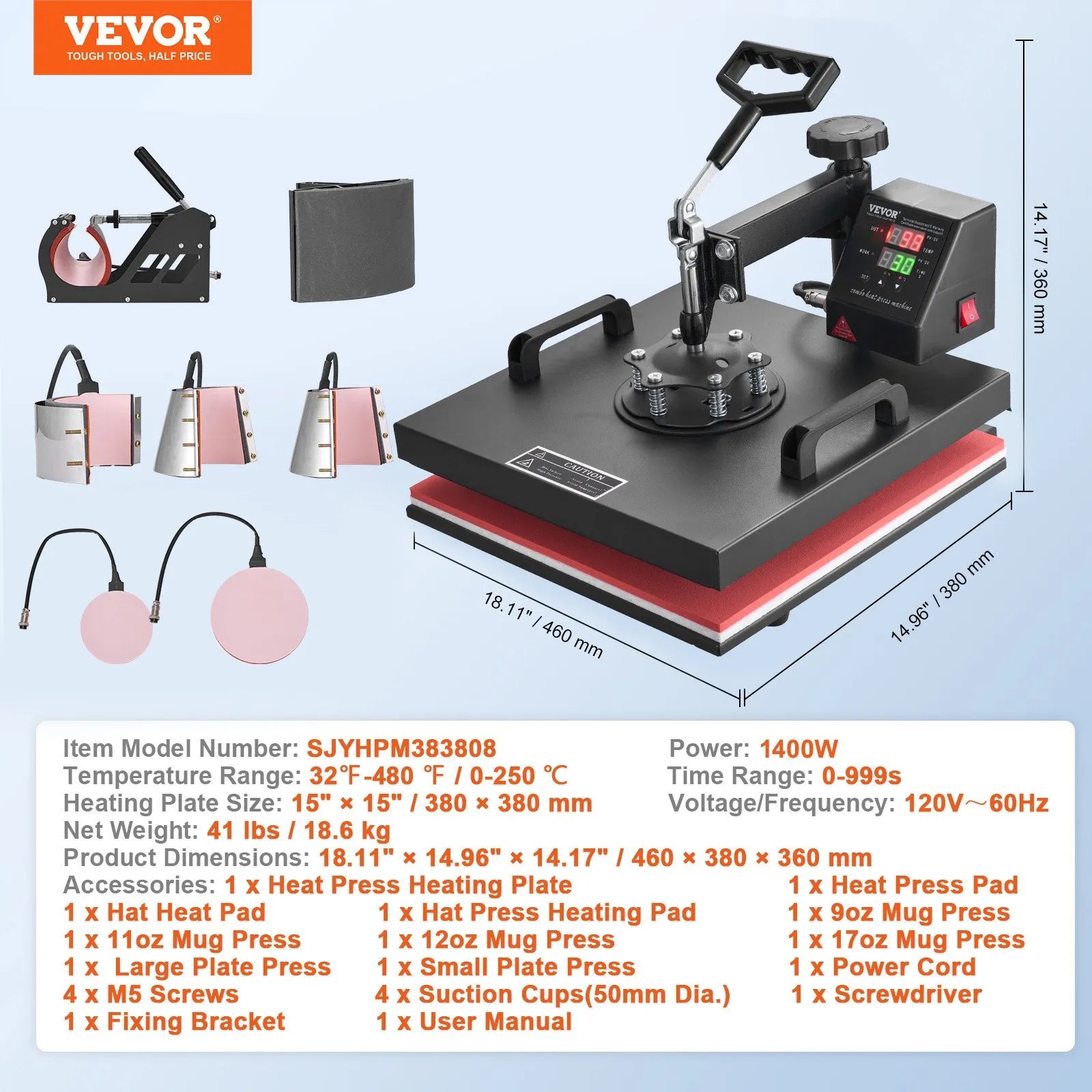 VEVOR Heat Press 15x15 Inch 8 in 1 Heat Press Machine Digital Multifunctional Sublimation Heat Transfer Machine Dual LED Display 360 Degree Rotation Swing Away for Printing T Shirts Hat Mug Cap Plate