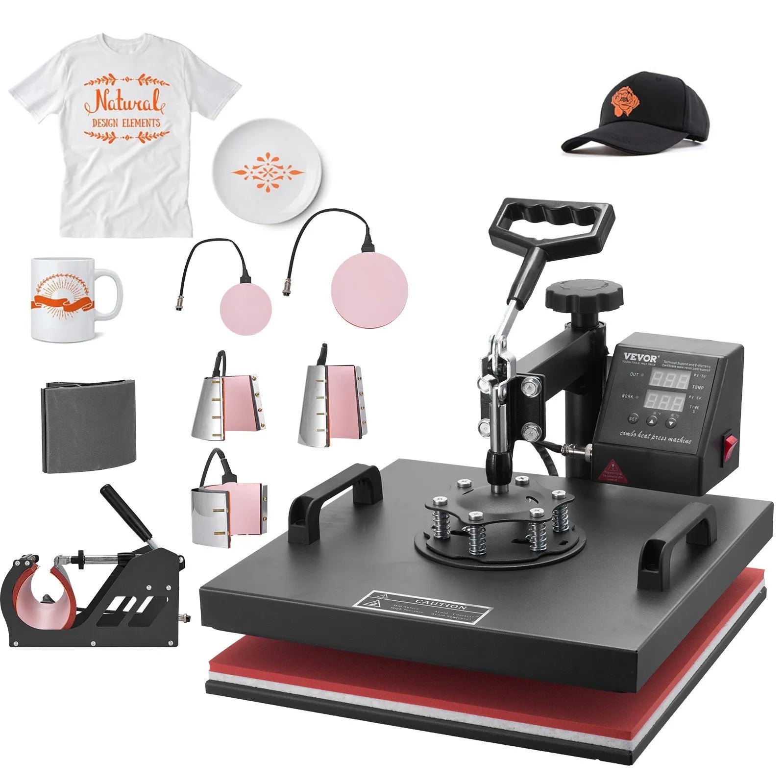 VEVOR Heat Press 15x15 Inch 8 in 1 Heat Press Machine Digital Multifunctional Sublimation Heat Transfer Machine Dual LED Display 360 Degree Rotation Swing Away for Printing T Shirts Hat Mug Cap Plate