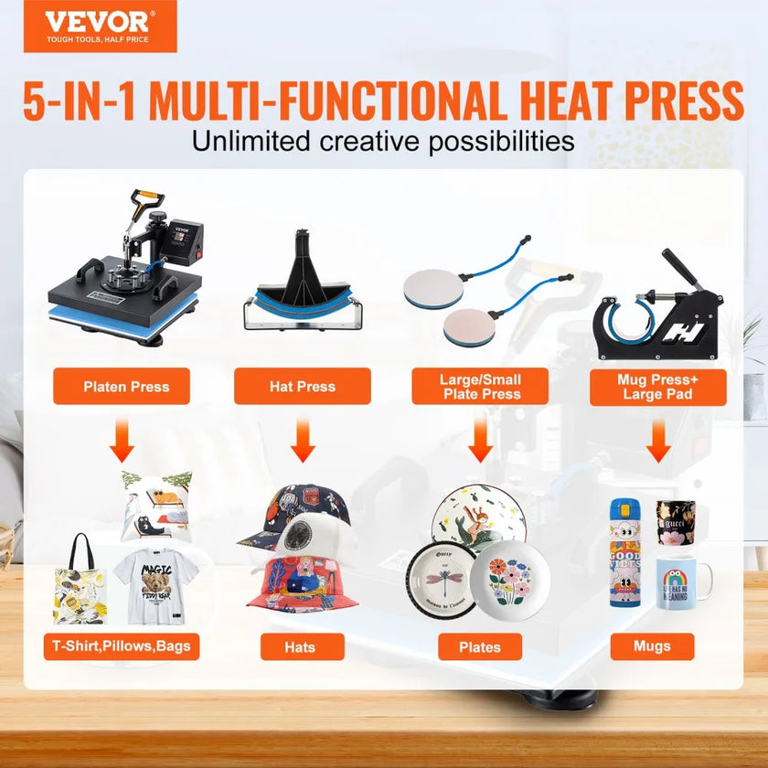 VEVOR Heat Press 15x15 Inch Heat Press Machine 5 in 1 Multifunctional Sublimation Dual LED Display Heat Press Machine for t Shirts Swing Away Design