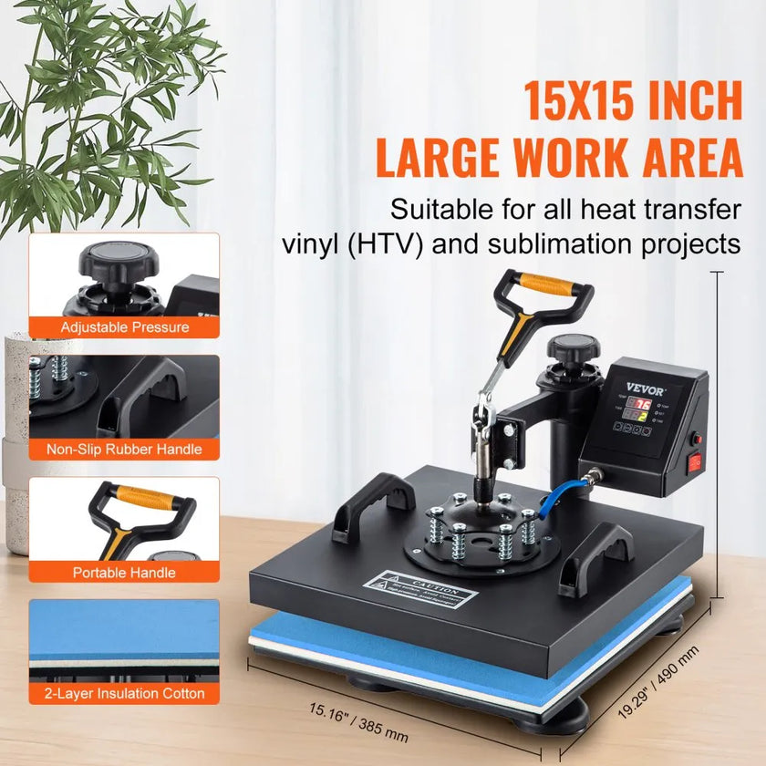VEVOR Heat Press 15x15 Inch Heat Press Machine 5 in 1 Multifunctional Sublimation Dual LED Display Heat Press Machine for t Shirts Swing Away Design