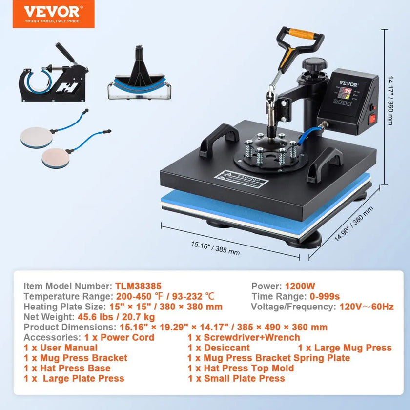 VEVOR Heat Press 15x15 Inch Heat Press Machine 5 in 1 Multifunctional Sublimation Dual LED Display Heat Press Machine for t Shirts Swing Away Design