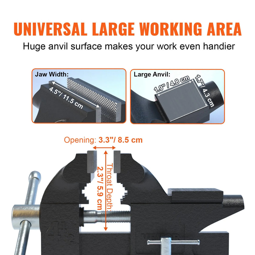 VEVOR Bench Vise, 4.5-inch Jaw Width 3.3-inch Jaw Opening , 240-Degree Swivel Locking Base Multipurpose Vise with Anvil, Heavy Duty Cast Iron Workbench Vise with Bolts & Nuts, for Drilling, Pipe Cutti