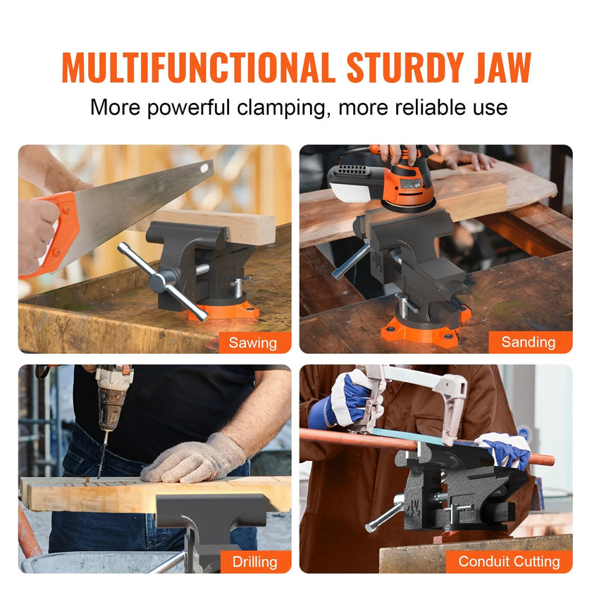 VEVOR Bench Vise, 4.5-inch Jaw Width 3.3-inch Jaw Opening , 240-Degree Swivel Locking Base Multipurpose Vise with Anvil, Heavy Duty Cast Iron Workbench Vise with Bolts & Nuts, for Drilling, Pipe Cutti