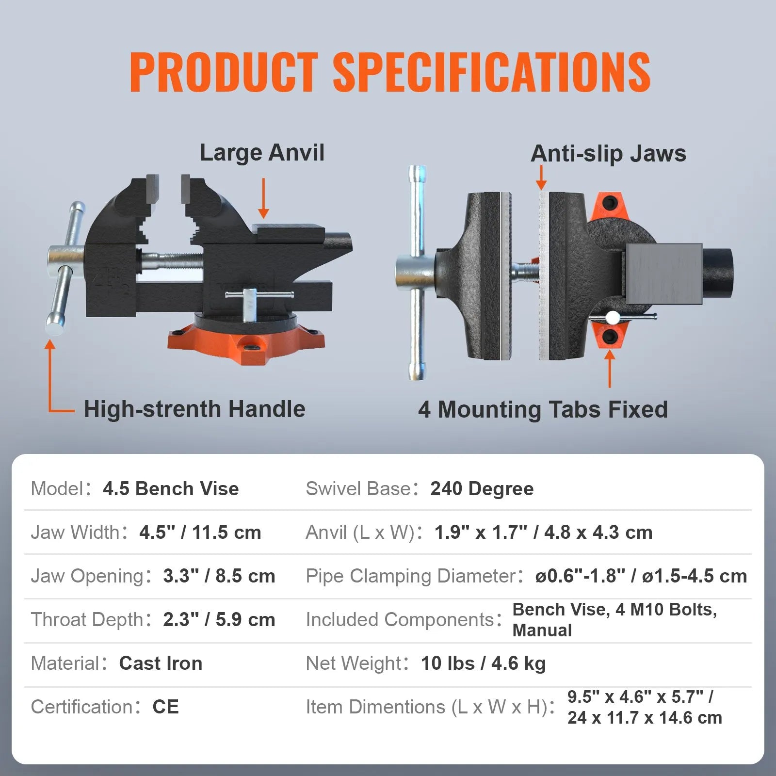 VEVOR Bench Vise, 4.5-inch Jaw Width 3.3-inch Jaw Opening , 240-Degree Swivel Locking Base Multipurpose Vise with Anvil, Heavy Duty Cast Iron Workbench Vise with Bolts & Nuts, for Drilling, Pipe Cutti