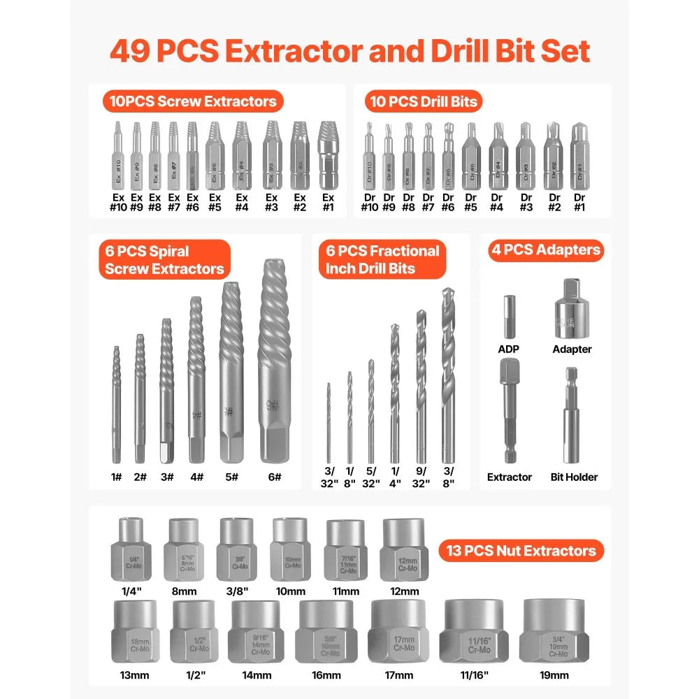 VEVOR 49-Piece Screw & Bolt Extractor Tool Set with Drill Bits