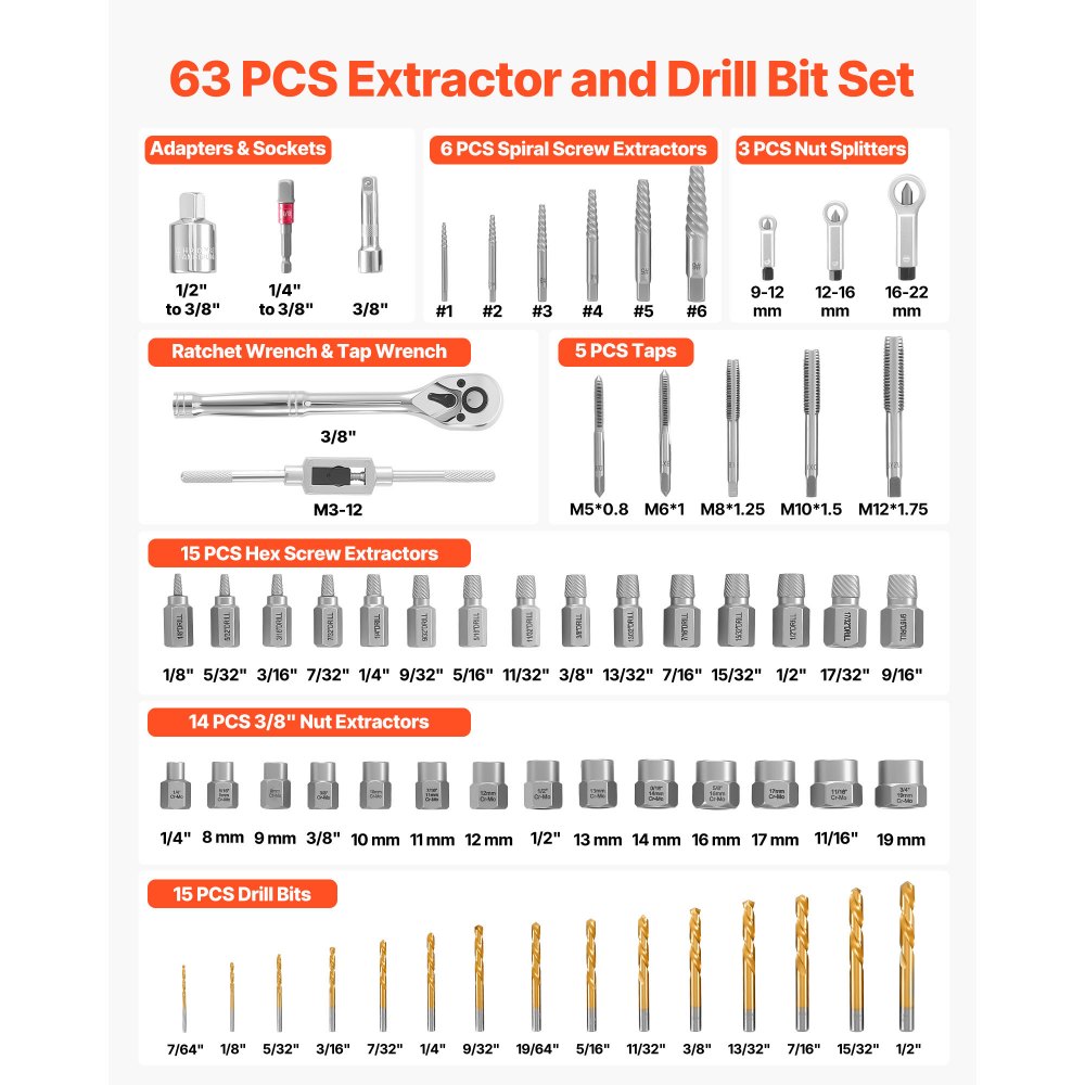 VEVOR 63-Piece Screw Extractor, Nut Splitter & Tap Tool Set with Case