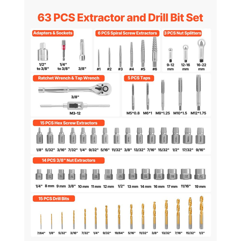 VEVOR 63-Piece Screw Extractor, Nut Splitter & Tap Tool Set with Case