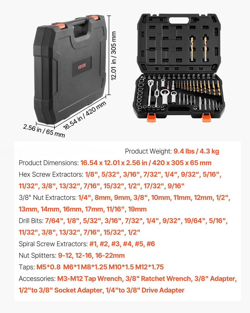 VEVOR 63-Piece Screw Extractor, Nut Splitter & Tap Tool Set with Case