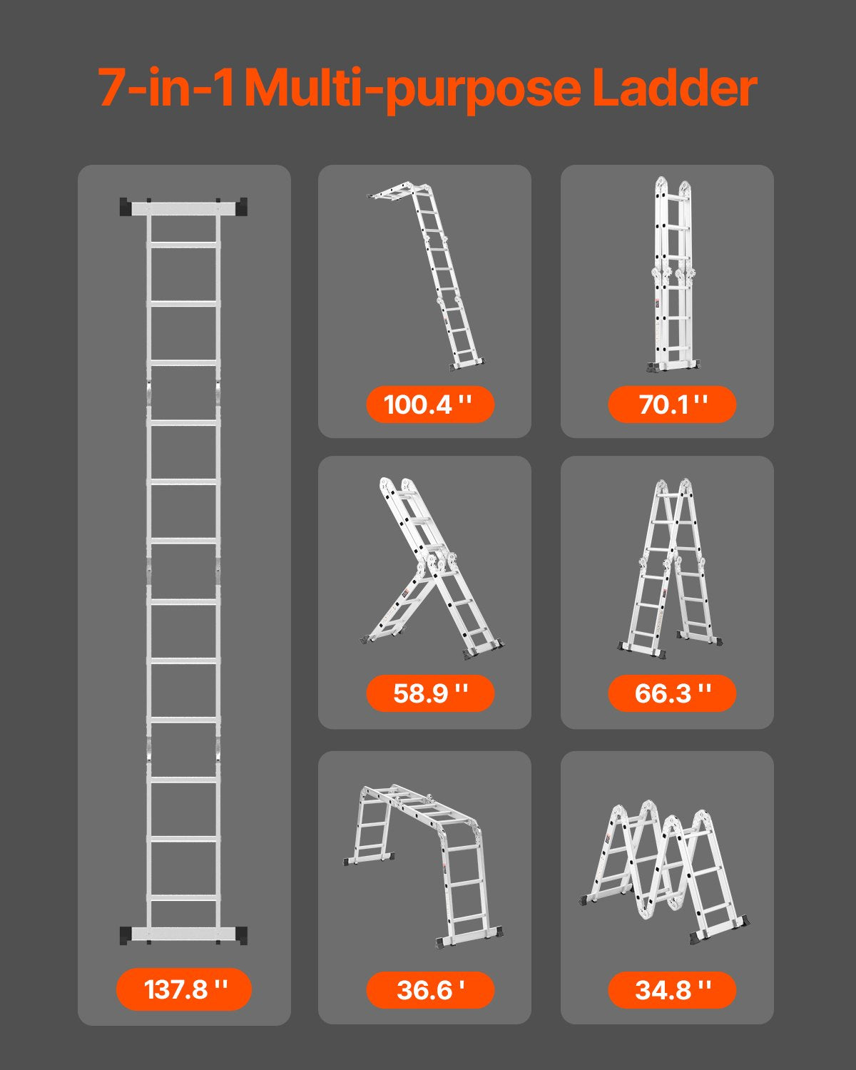 VEVOR Multi-Purpose Folding Ladder 7-in-1 3 Step 12ft Reach Height for Work