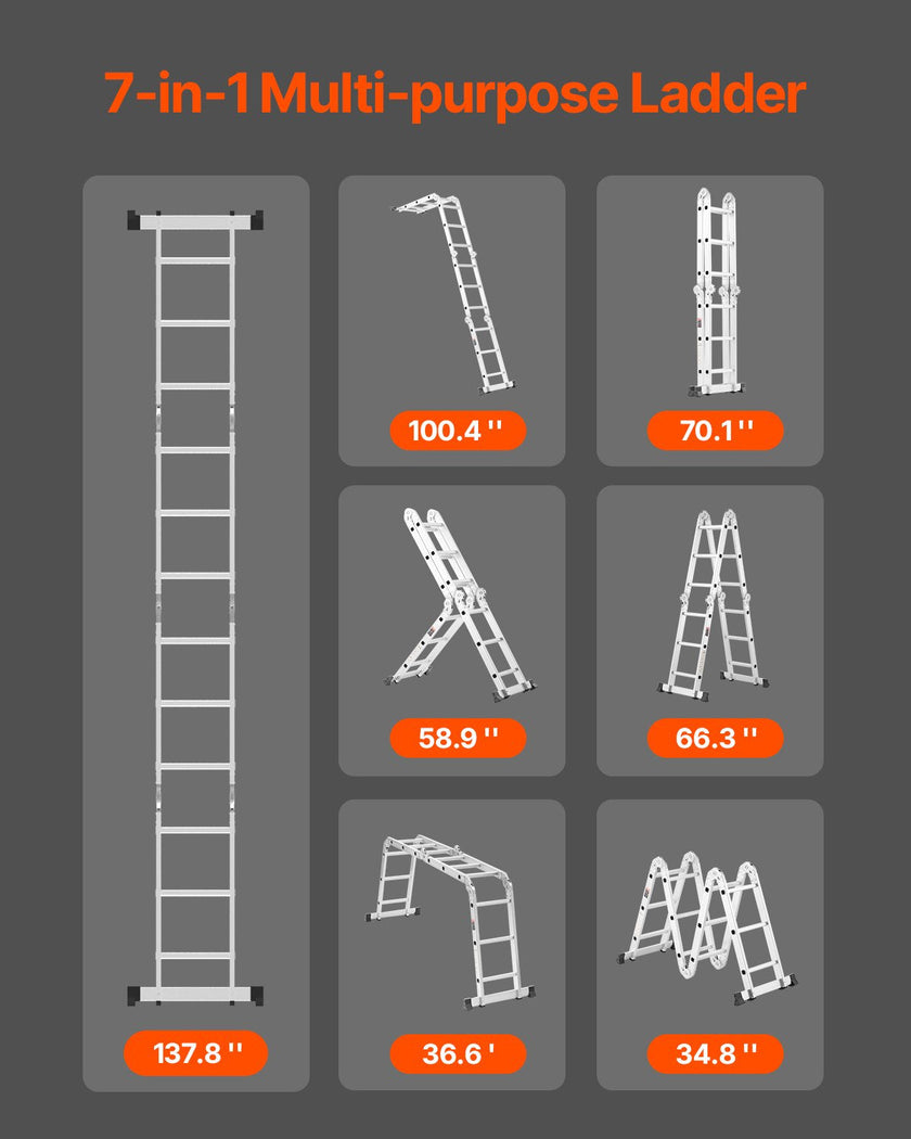 VEVOR Multi-Purpose Folding Ladder 7-in-1 3 Step 12ft Reach Height for Work