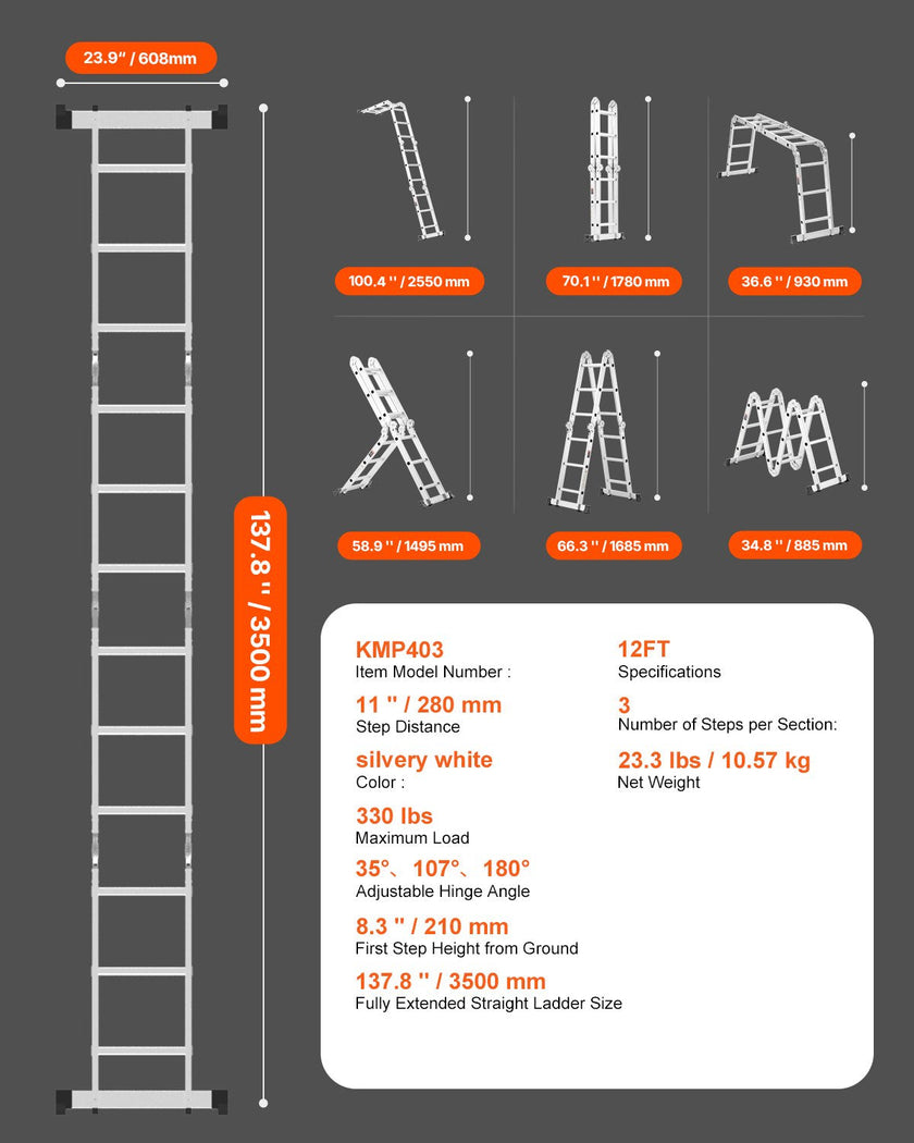 VEVOR Multi-Purpose Folding Ladder 7-in-1 3 Step 12ft Reach Height for Work