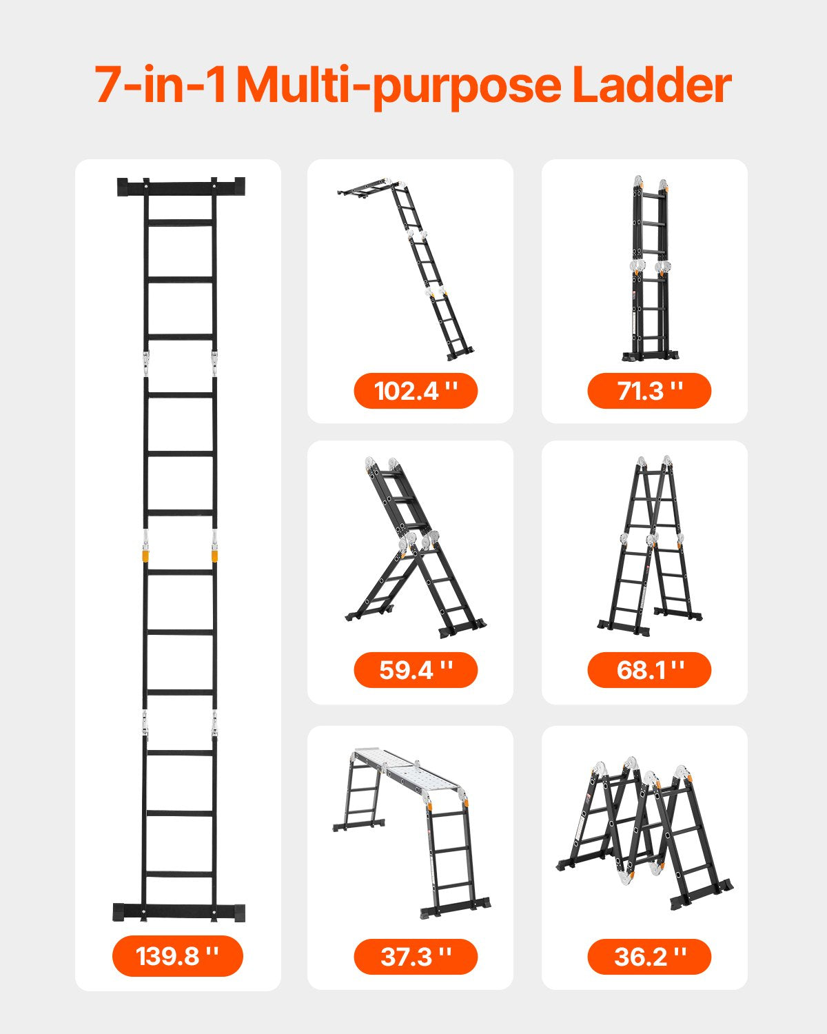 VEVOR Multi-Purpose Folding Ladder 7-in-1 3 Step 12ft with Scaffolding Plank