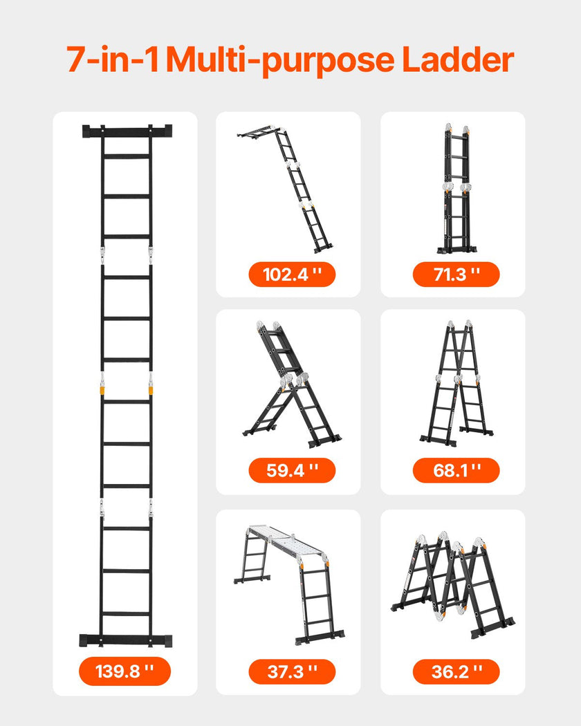 VEVOR Multi-Purpose Folding Ladder 7-in-1 3 Step 12ft with Scaffolding Plank