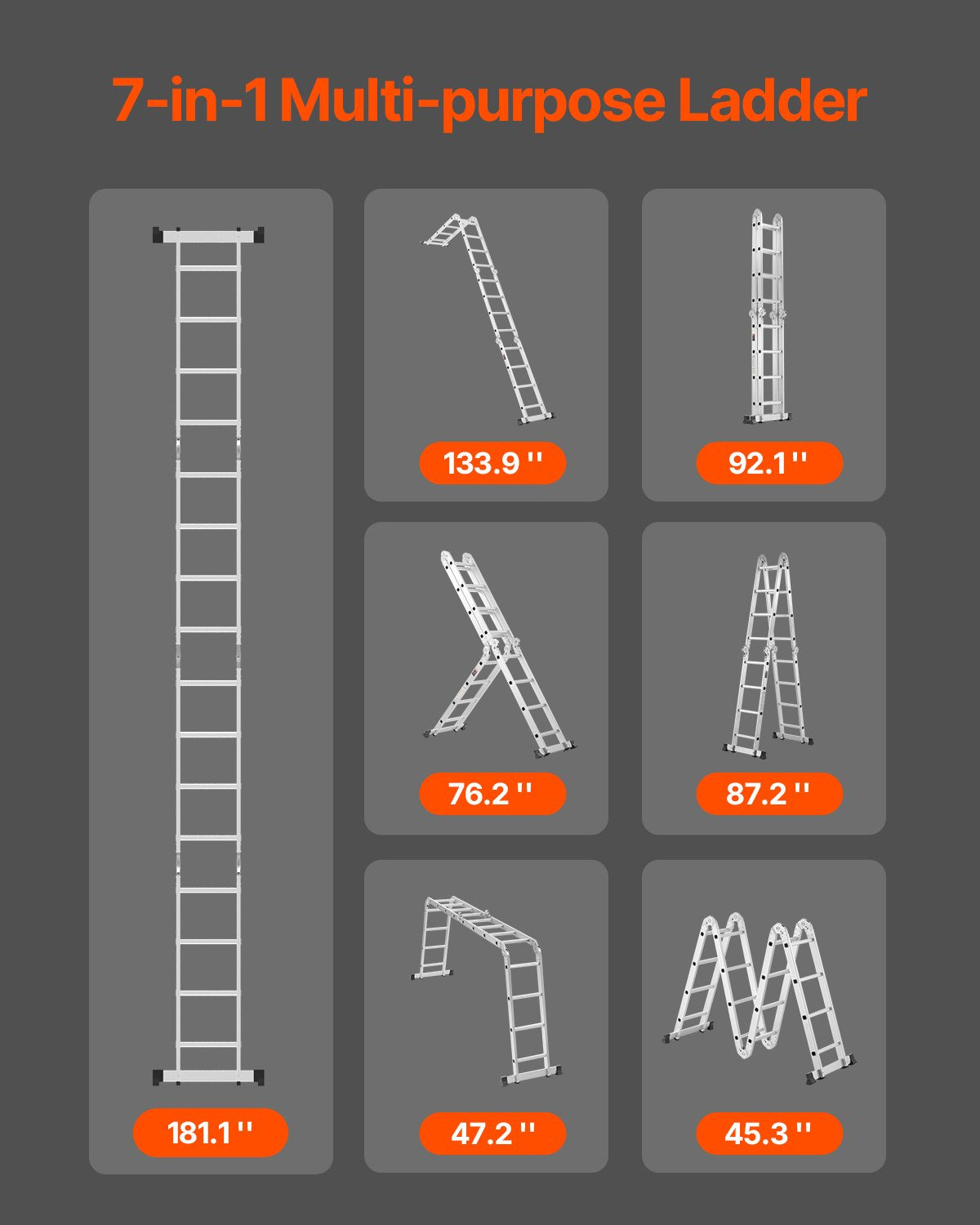 VEVOR Multi-Purpose Folding Ladder 7-in-1 4 Step 15.5ft Reach Height for Work