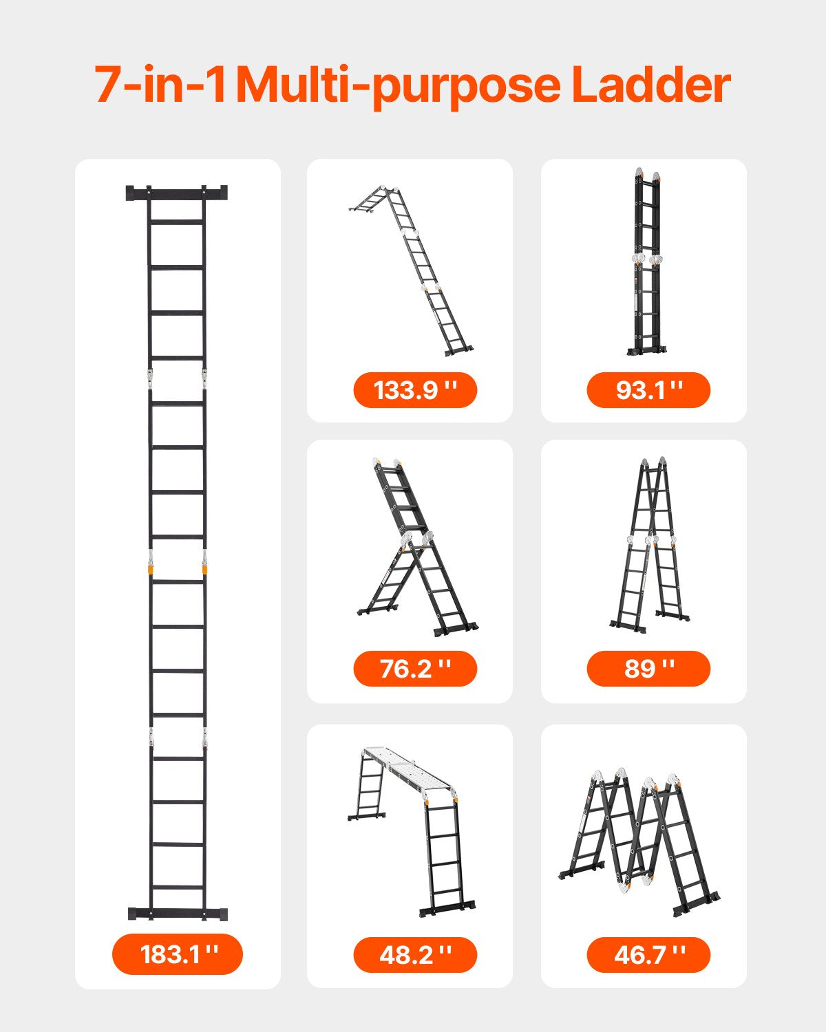 VEVOR Multi-Purpose Folding Ladder 7-in-1 4 Step 15.5ft with Scaffolding Plank