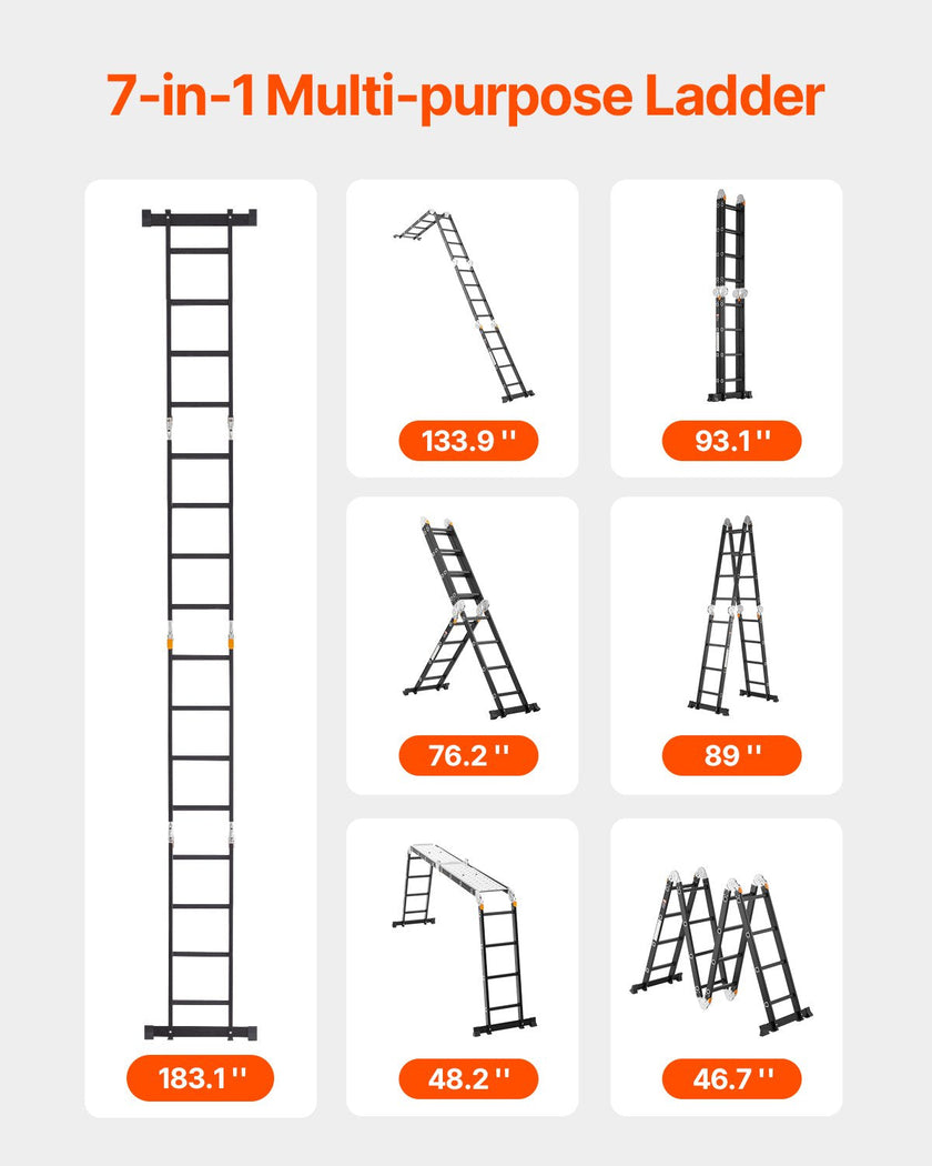 VEVOR Multi-Purpose Folding Ladder 7-in-1 4 Step 15.5ft with Scaffolding Plank
