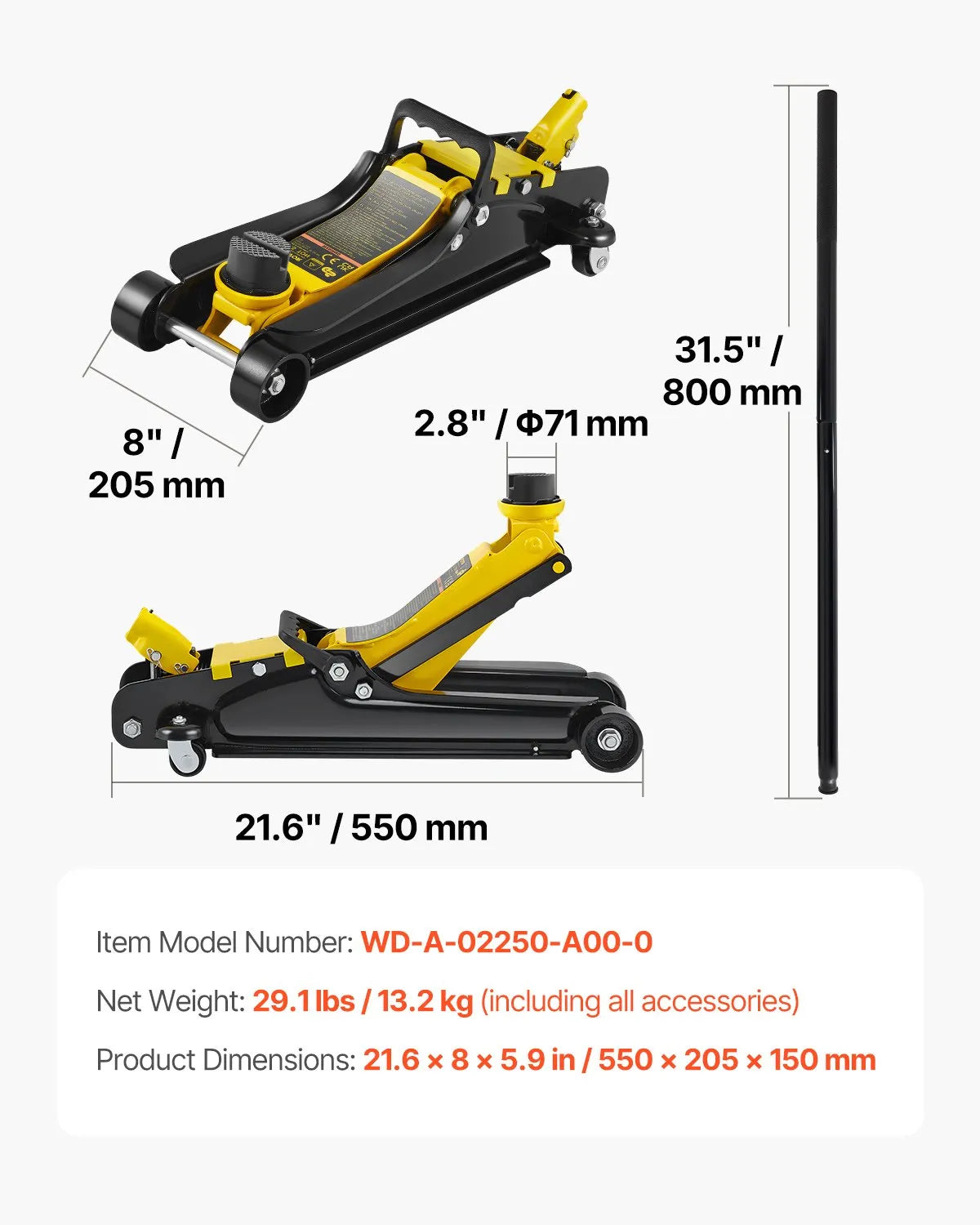 VEVOR Floor Jack, 2.5 Ton Low Profile Floor Jack, Heavy-duty Steel Racing Floor Jack With Single Piston Lift Pump, Floor Jack Lifting Range 3.35