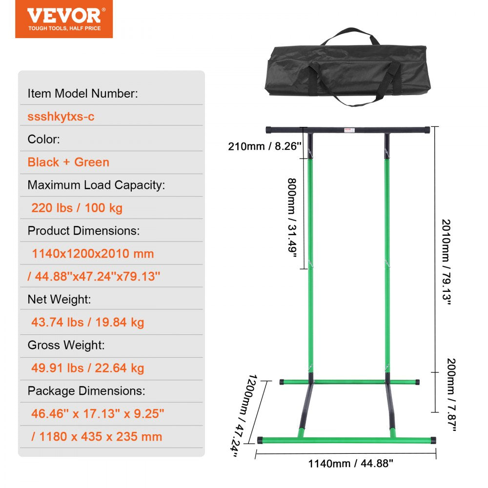 VEVOR Power Tower Dip Station, 2-Level Height Adjustable Pull Up Bar Stand, Multi-Function Strength Training Workout Equipment, Home Gym Fitness Dip Bar Station, 220LBS Weight Capacity, Black & Green