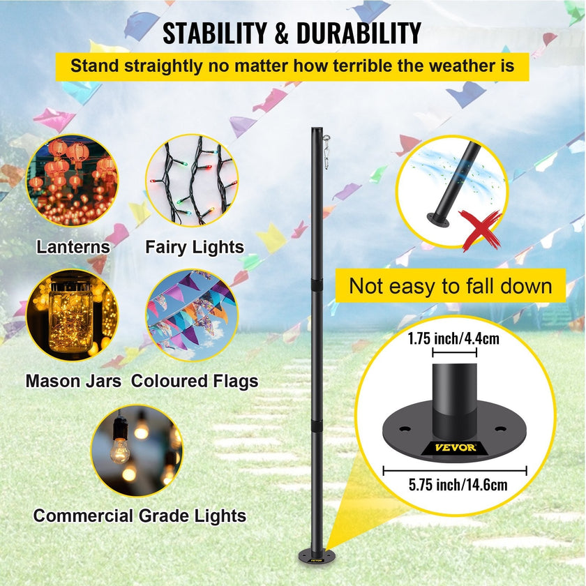 VEVOR String Light Pole, 9.6ft Light String Pole, 1.75in Patio Light Pole, Powder Coated Steel String Light Pole Stand for Outdoor, Metal String Poles with A Clamp Used for Yard, Patio, Wedding, Party