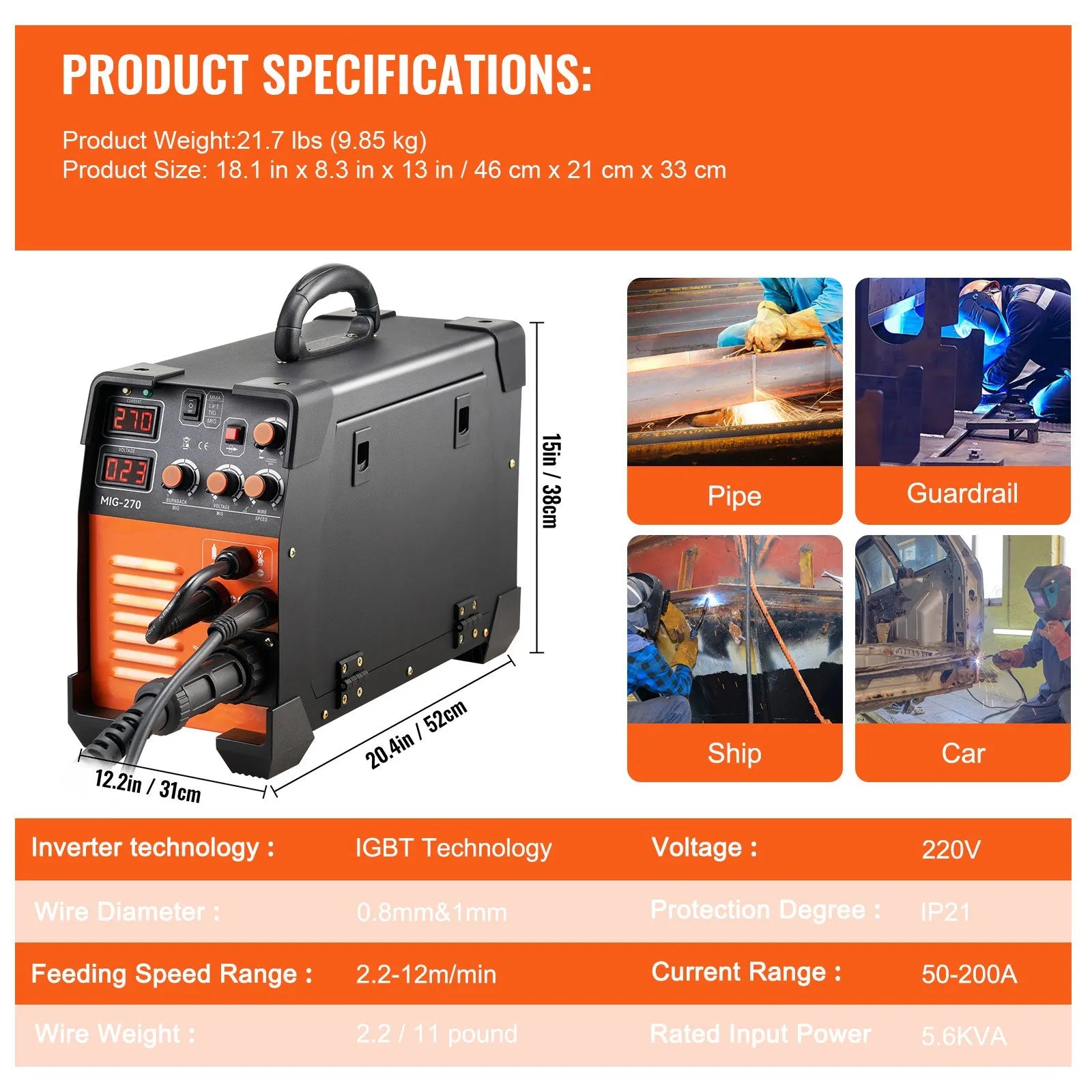 VEVOR MIG Welder, 3 in 1 Welder Welding Machine, 270 Amp MIG Lift TIG Arc Welder 110V 220V Lift ARC Welder Digital Display Combo Welding Machine MMA Stick IGBT DC Inverter Welder