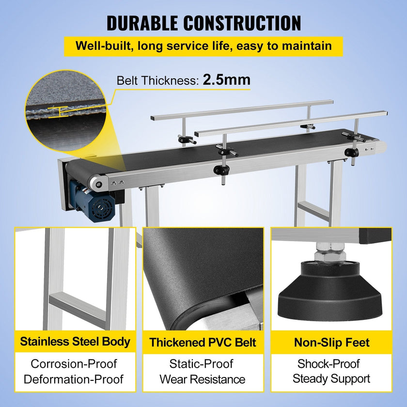 VEVOR PVC Belt Conveyor 59Inch Length, Electric PVC Conveyor 7.8 Width, 110V Adjustable Automatic Speed, Conveyor Machine with Double Guardrail, In Stainless Steel, Industrial Transport Equipment