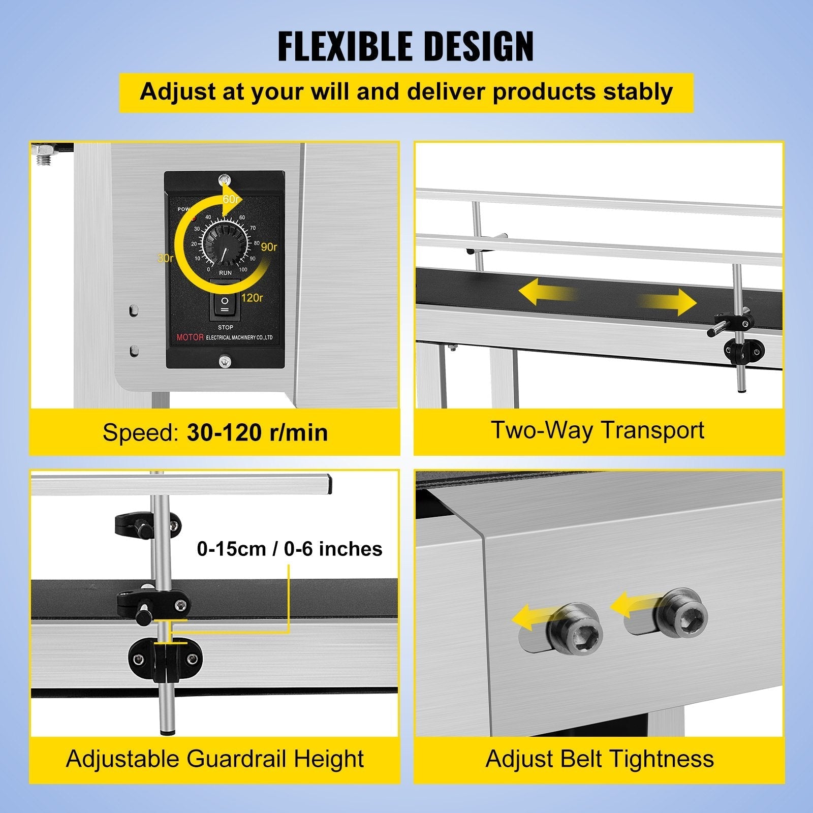 VEVOR PVC Belt Conveyor 59Inch Length, Electric PVC Conveyor 7.8 Width, 110V Adjustable Automatic Speed, Conveyor Machine with Double Guardrail, In Stainless Steel, Industrial Transport Equipment