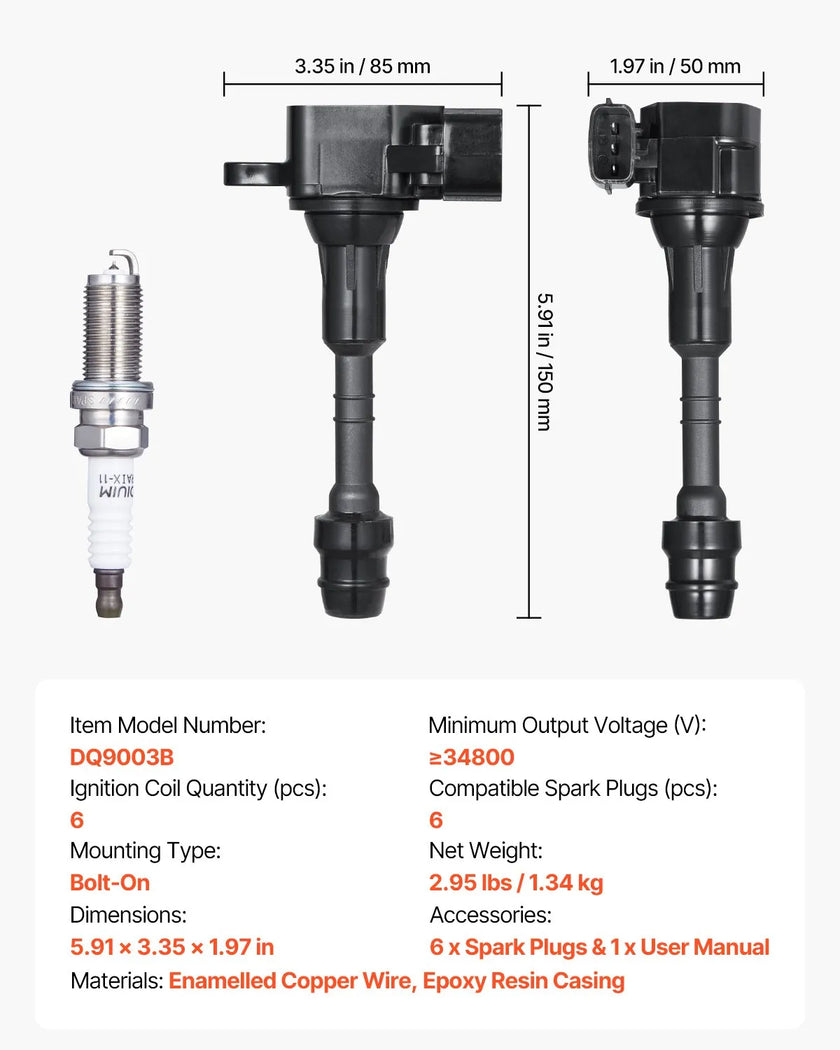 VEVOR Ignition Coil Pack and Spark Plugs 6 PCS Compatible with Nissan Infiniti