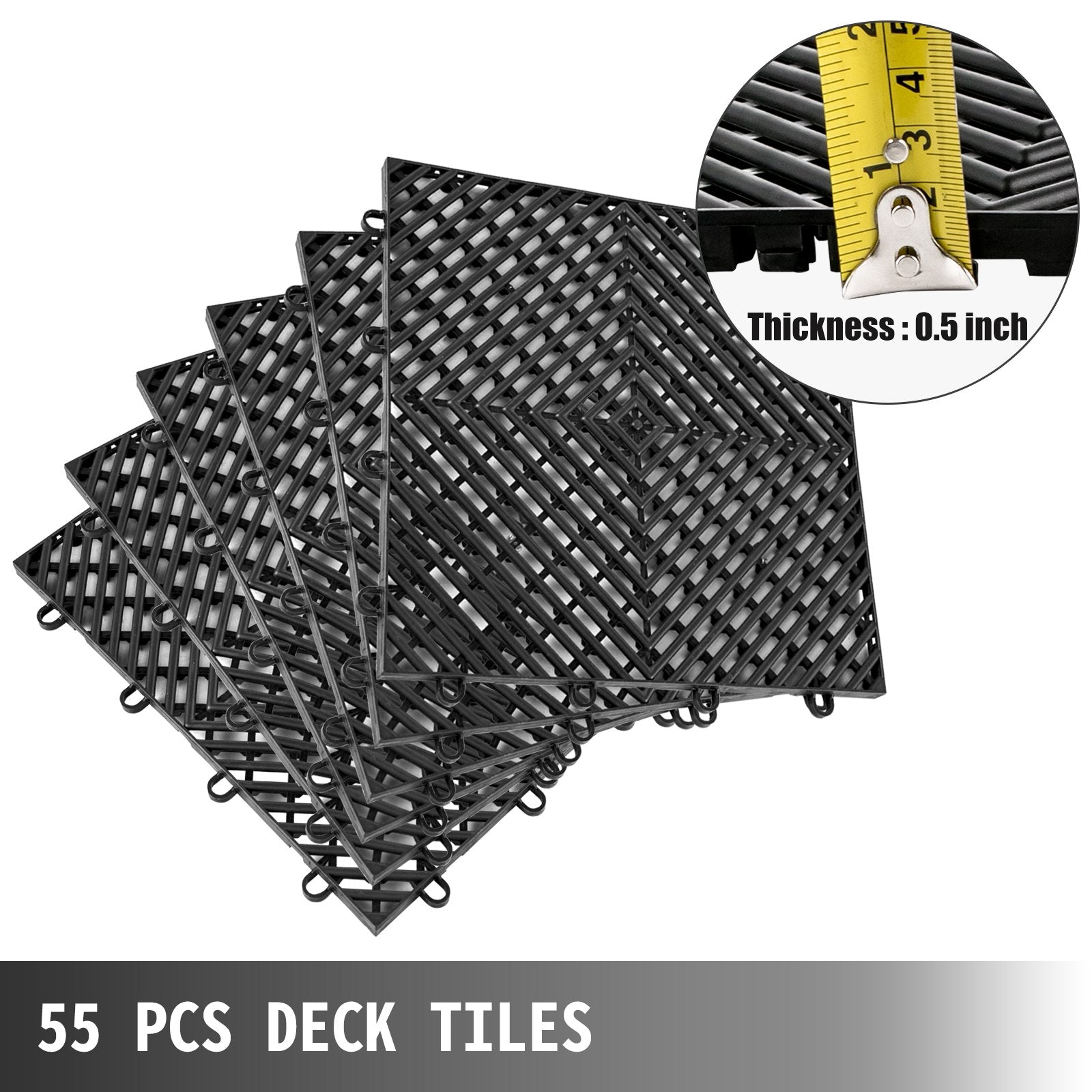 VEVOR Tiles Interlocking 55 PCS Black, Drainage Tiles 12x12x0.5 Inches, Deck Tiles Outdoor Floor Tiles, Outdoor Interlocking Tiles, Deck Flooring for Pool Shower Bathroom Deck Patio Garage