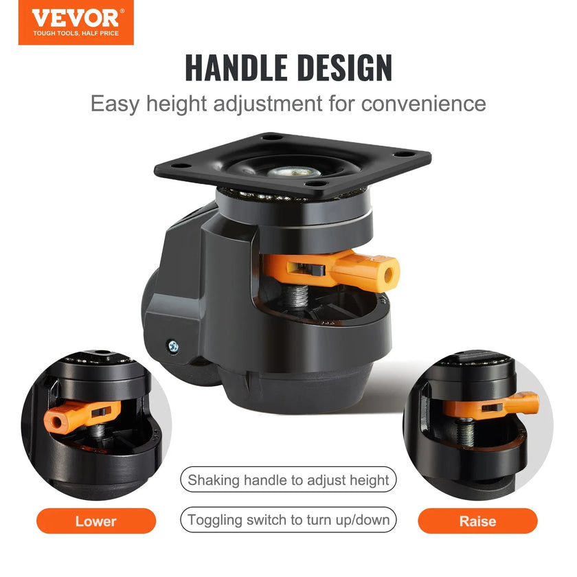 VEVOR Leveling Casters, Set of 4, 2200 lbs Total Load Capacity, 2.5 inches, Heavy Duty with Upgraded Handle Design, 360 Degree Swivel Caster Wheels, Adjustable Casters with Feet for Workbench, Machine