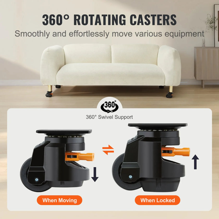 VEVOR Leveling Casters, Set of 4, 2200 lbs Total Load Capacity, 2.5 inches, Heavy Duty with Upgraded Handle Design, 360 Degree Swivel Caster Wheels, Adjustable Casters with Feet for Workbench, Machine
