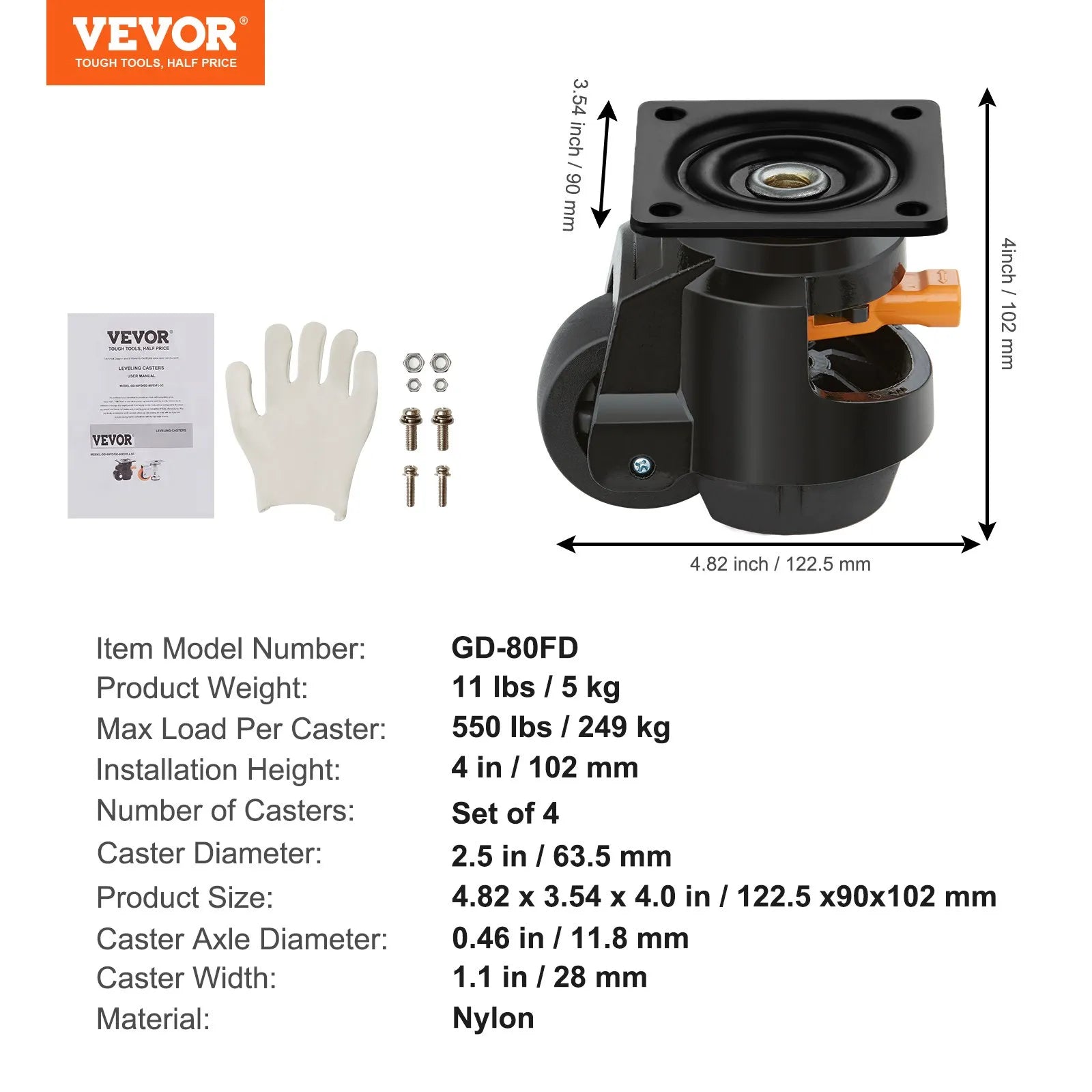 VEVOR Leveling Casters, Set of 4, 2200 lbs Total Load Capacity, 2.5 inches, Heavy Duty with Upgraded Handle Design, 360 Degree Swivel Caster Wheels, Adjustable Casters with Feet for Workbench, Machine