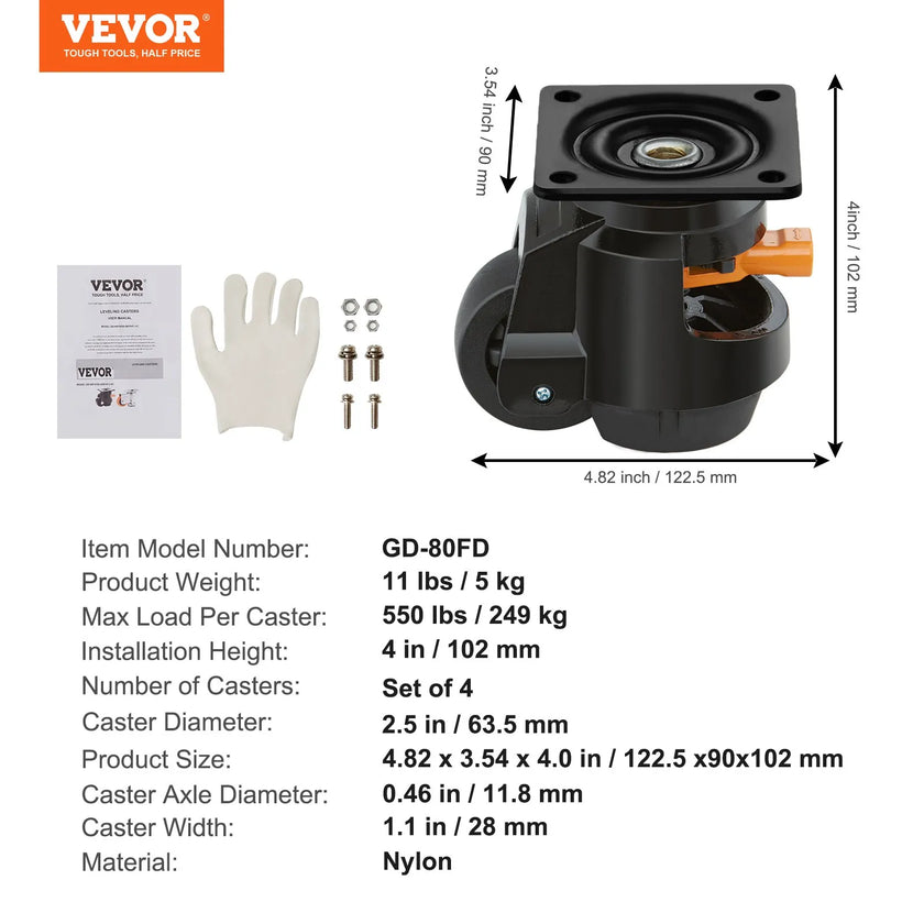 VEVOR Leveling Casters, Set of 4, 2200 lbs Total Load Capacity, 2.5 inches, Heavy Duty with Upgraded Handle Design, 360 Degree Swivel Caster Wheels, Adjustable Casters with Feet for Workbench, Machine
