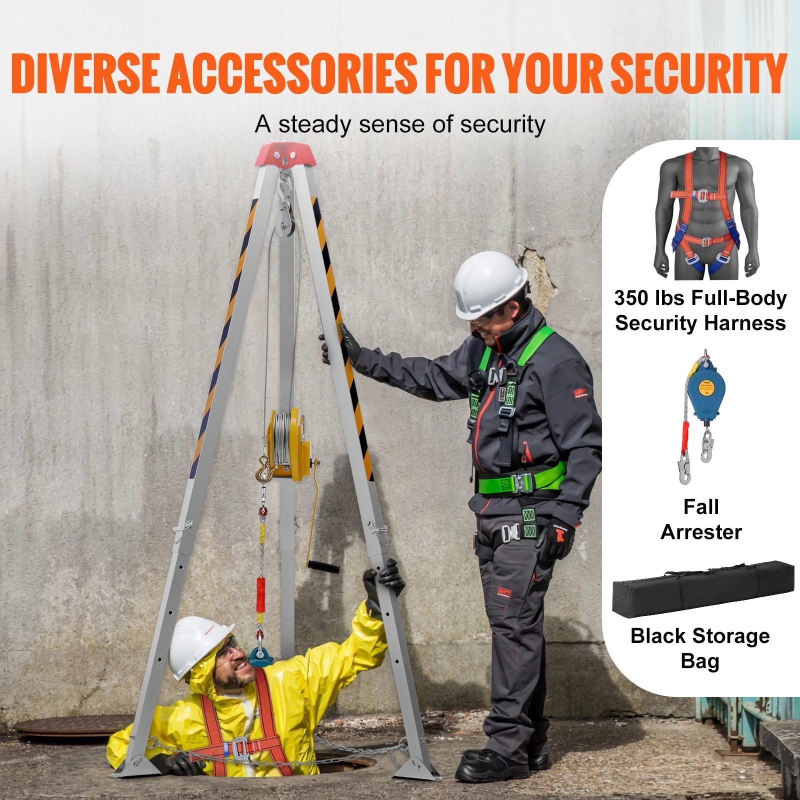 VEVOR Confined Space Tripod Kit, 1800 lbs Winch, Confined Space Tripod 7' Legs and 98' Cable, Confined Space Rescue Tripod 32.8' Fall Protection, Harness, Storage Bag for Traditional Confined Spaces