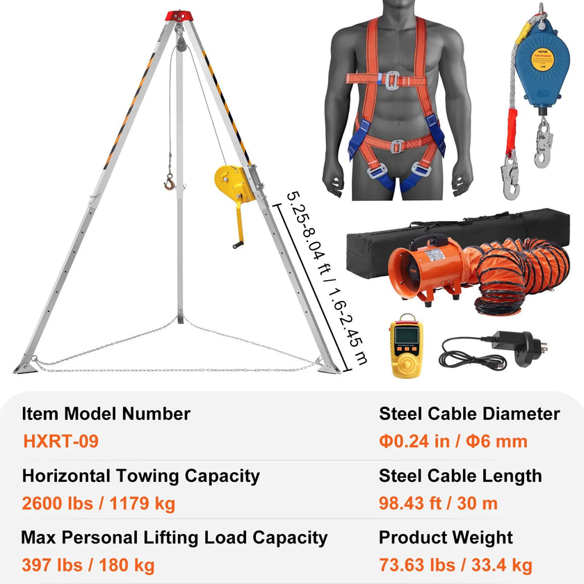 VEVOR Confined Space Tripod Kit, 2600 lbs Winch, Confined Space Tripod 8' Legs and 98' Cable, Confined Space Rescue Tripod 32.8' Fall Protection, Harness, Blower, Bag for Traditional Confined Spaces