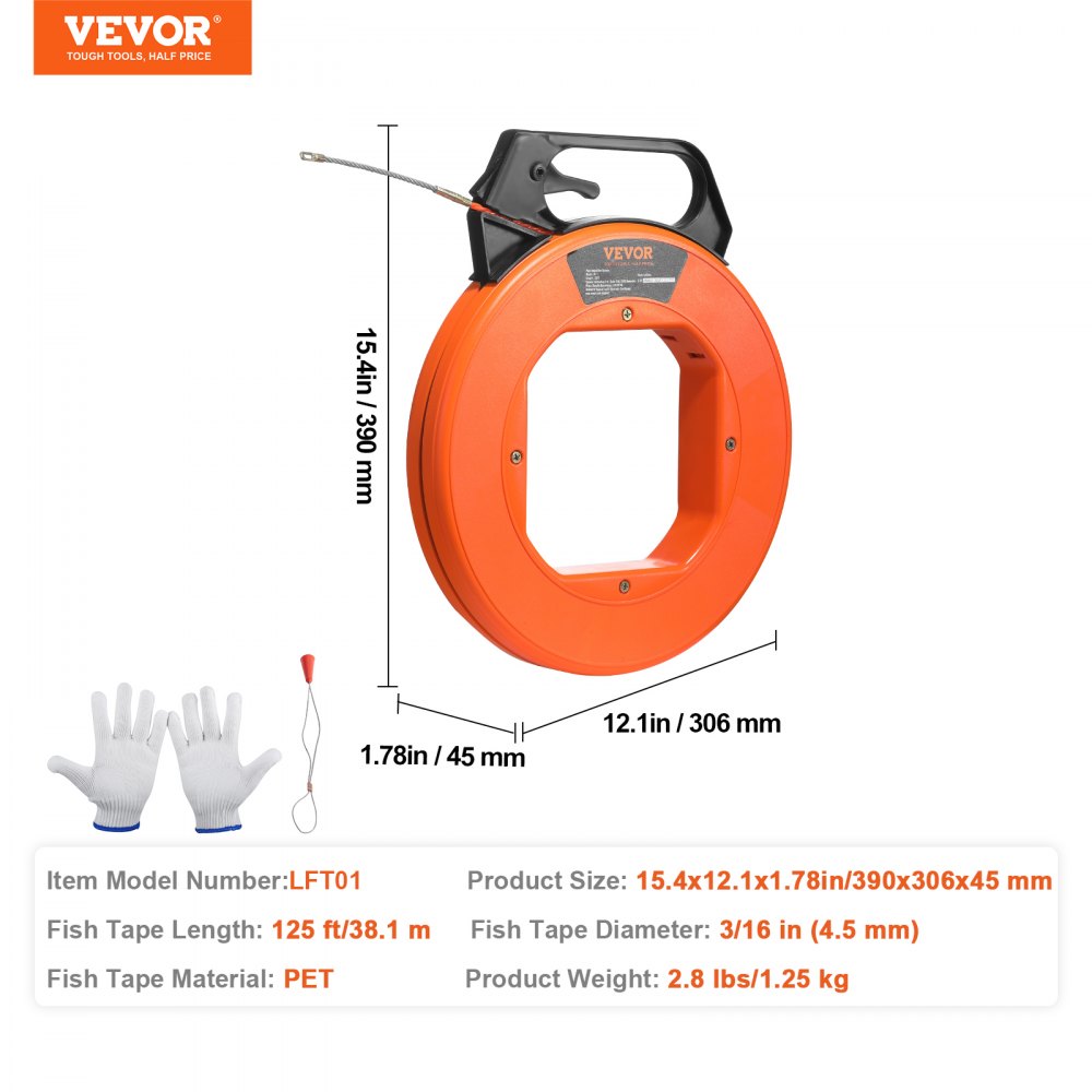 VEVOR Fish Tape, 125-foot, 3/16-inch, PET Wire Puller with Optimized Housing and Handle, Easy-to-Use Cable Puller Tool, Flexible Wire Fishing Tools for Walls and Electrical Conduit, Non-Conductive