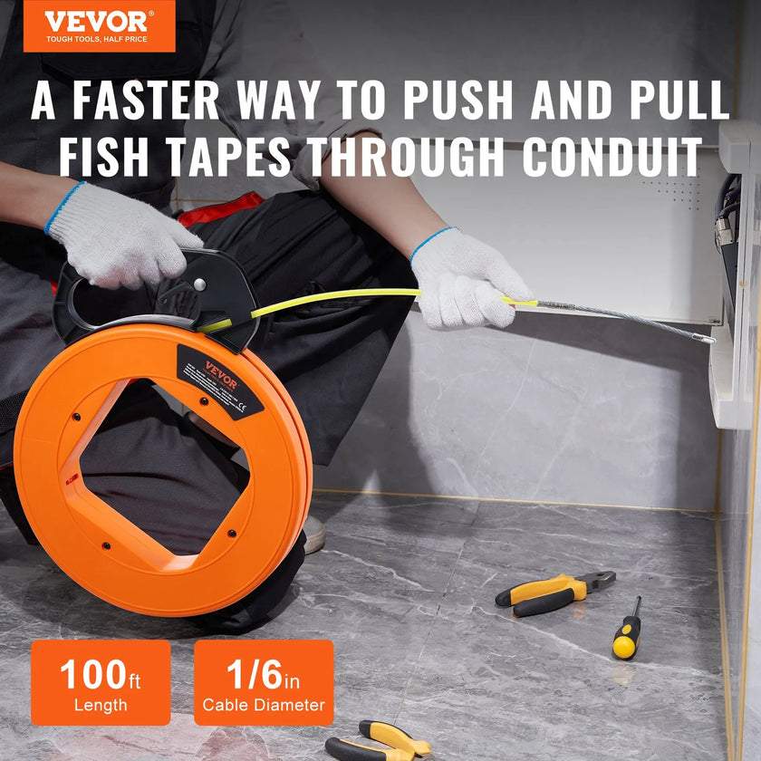 VEVOR Fish Tape Wire Cable Line Puller 100ft 1/16in Fiberglass High Plastic Case