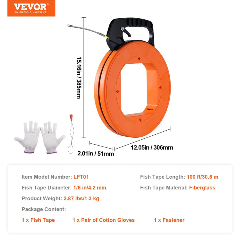 VEVOR Fish Tape Wire Cable Line Puller 100ft 1/16in Fiberglass High Plastic Case