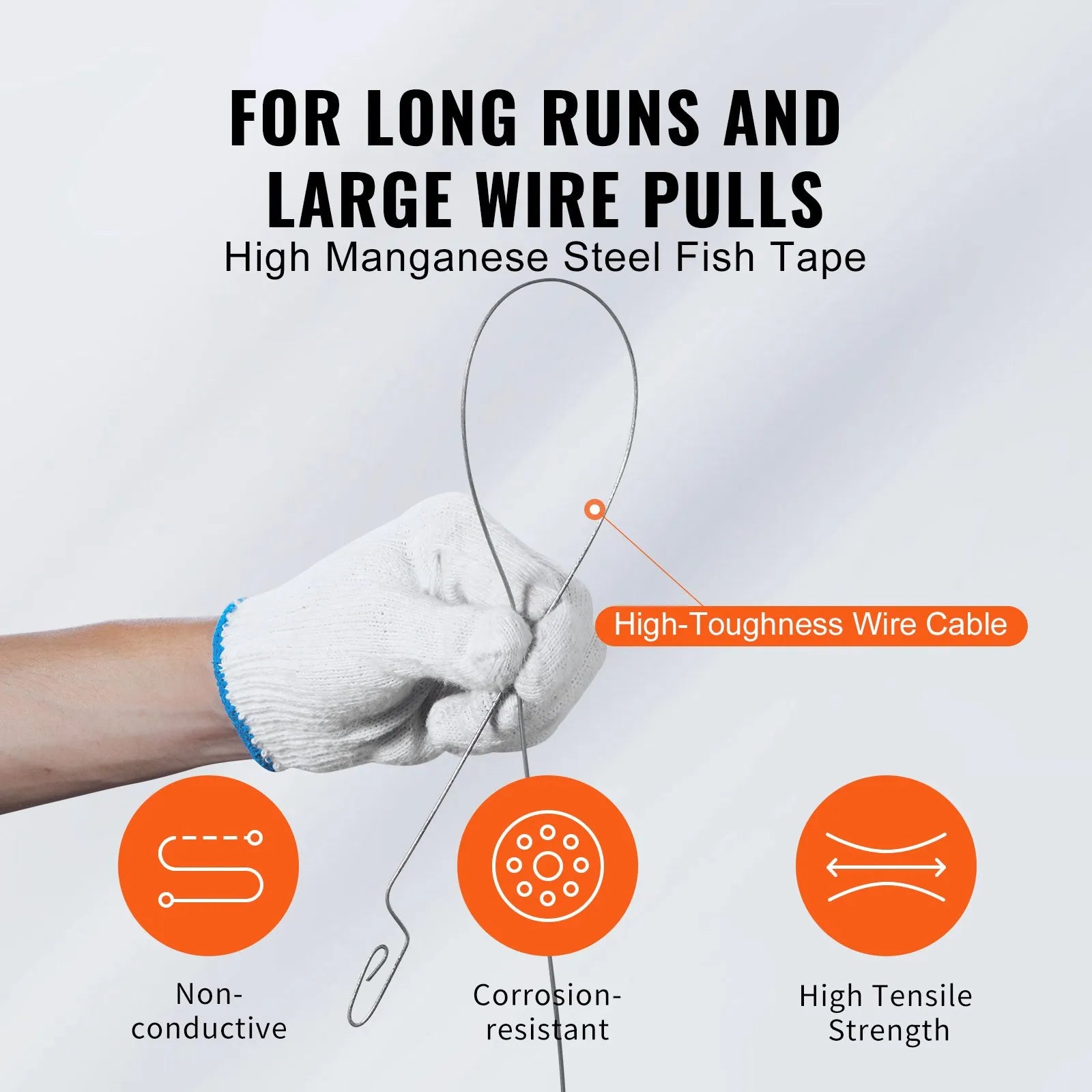 VEVOR Fish Tape, 240-foot, 1/8-inch, Steel Wire Puller with Optimized Housing and Handle, Easy-to-Use Cable Puller Tool, Flexible Wire Fishing Tools for Walls and Electrical Conduit, Non-Conductive