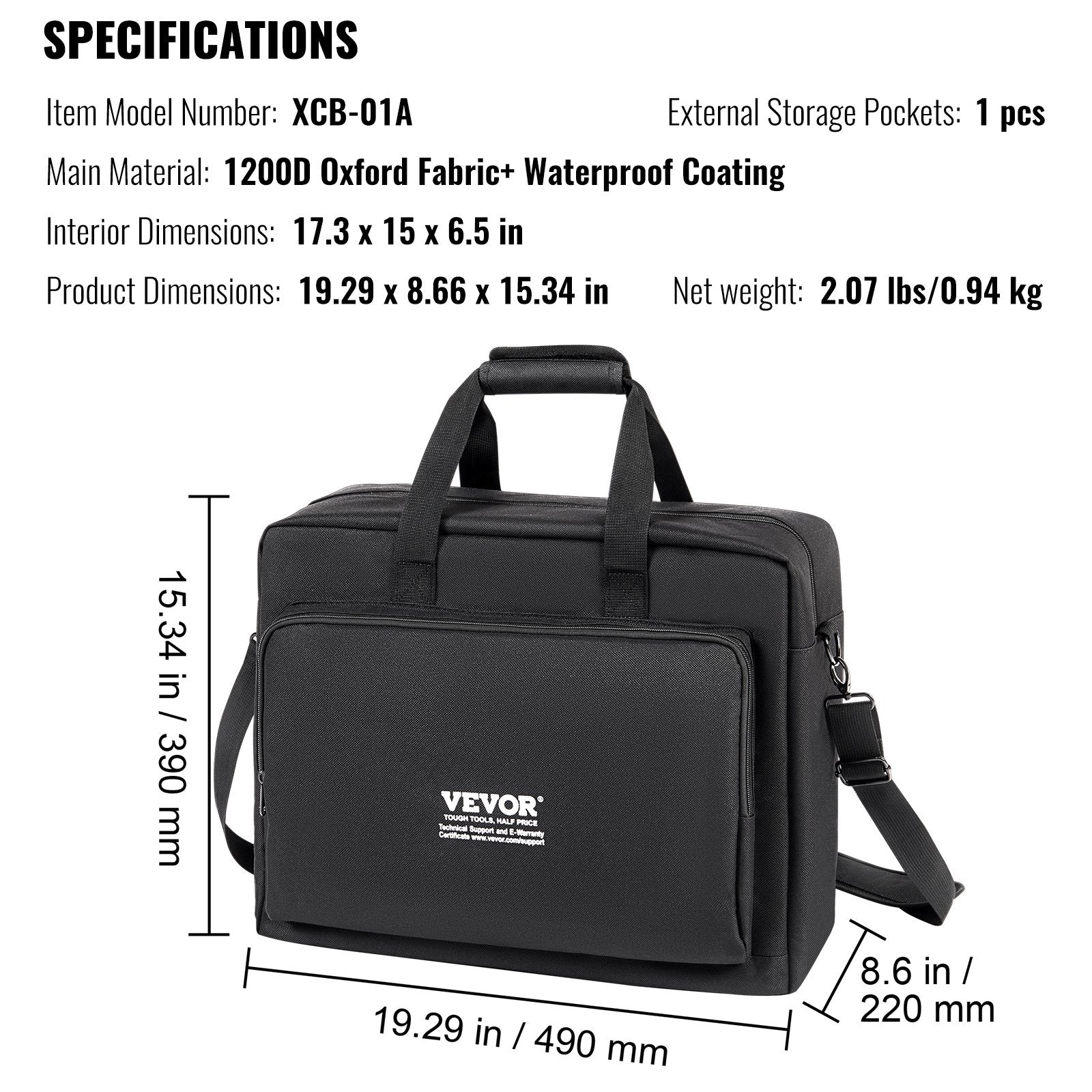 VEVOR Padded DJ Mixer Gig Bag, 1200D Oxford Fabric, DJ Gear Carry Bag with a Storage Pocket 4.92 ft Removable Shoulder Strap 0.39 in Padding, 19.29 x 8.66 x 15.34 in Storage Case for DJ Controller