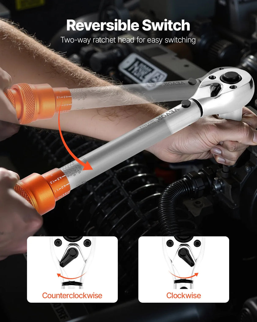VEVOR Click Torque Wrench Set 3/8Inch Drive 5-60 N.m / 3.7-44.3 lbf.ft 72-Tooth