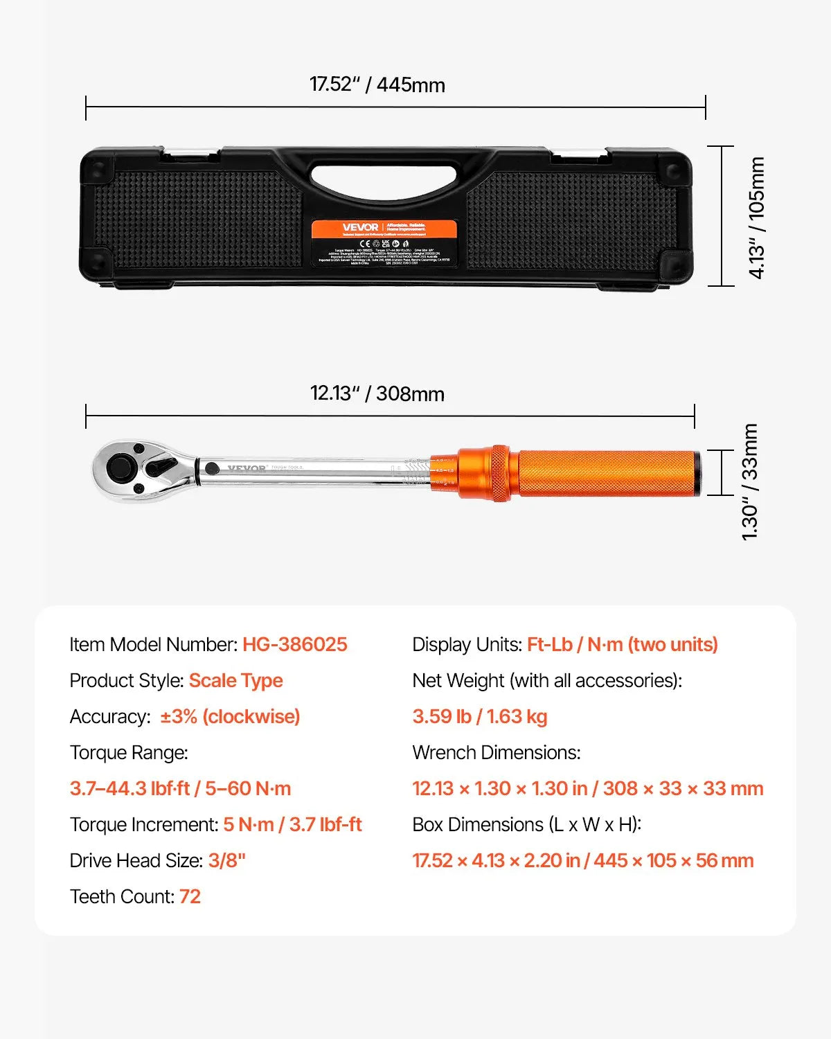 VEVOR Click Torque Wrench Set 3/8Inch Drive 5-60 N.m / 3.7-44.3 lbf.ft 72-Tooth