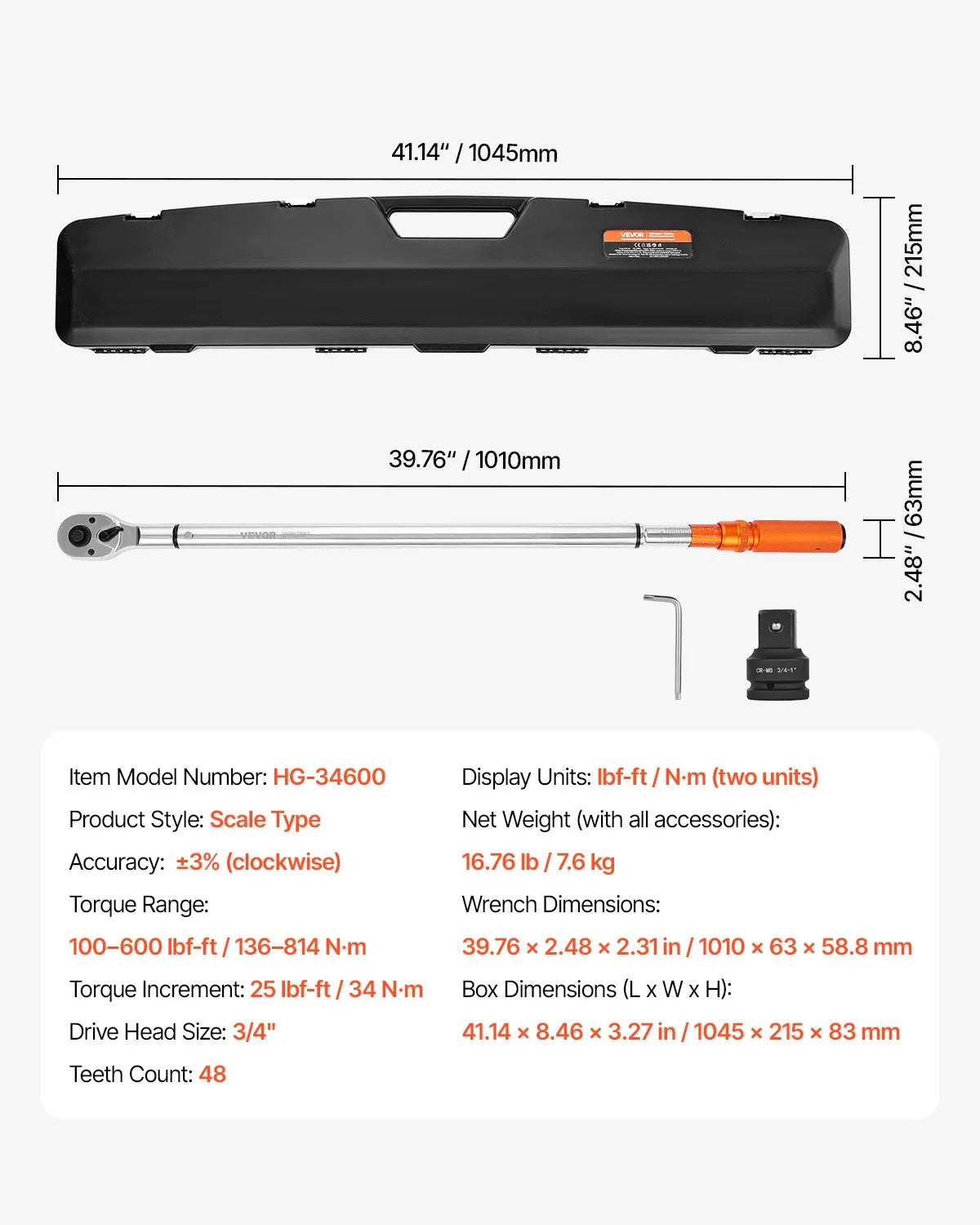 VEVOR Click Torque Wrench 3/4Inch Drive 100-600 lbf-ft/136-814N.m Dual-direction