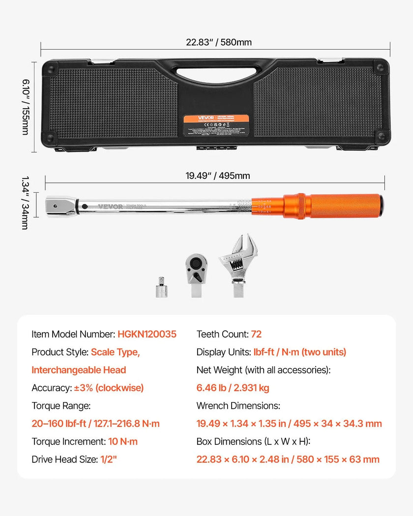VEVOR Adjustable Click Torque Wrench 1/2Inch Drive 20-160 lbf-ft/27.1-216.8 N.m