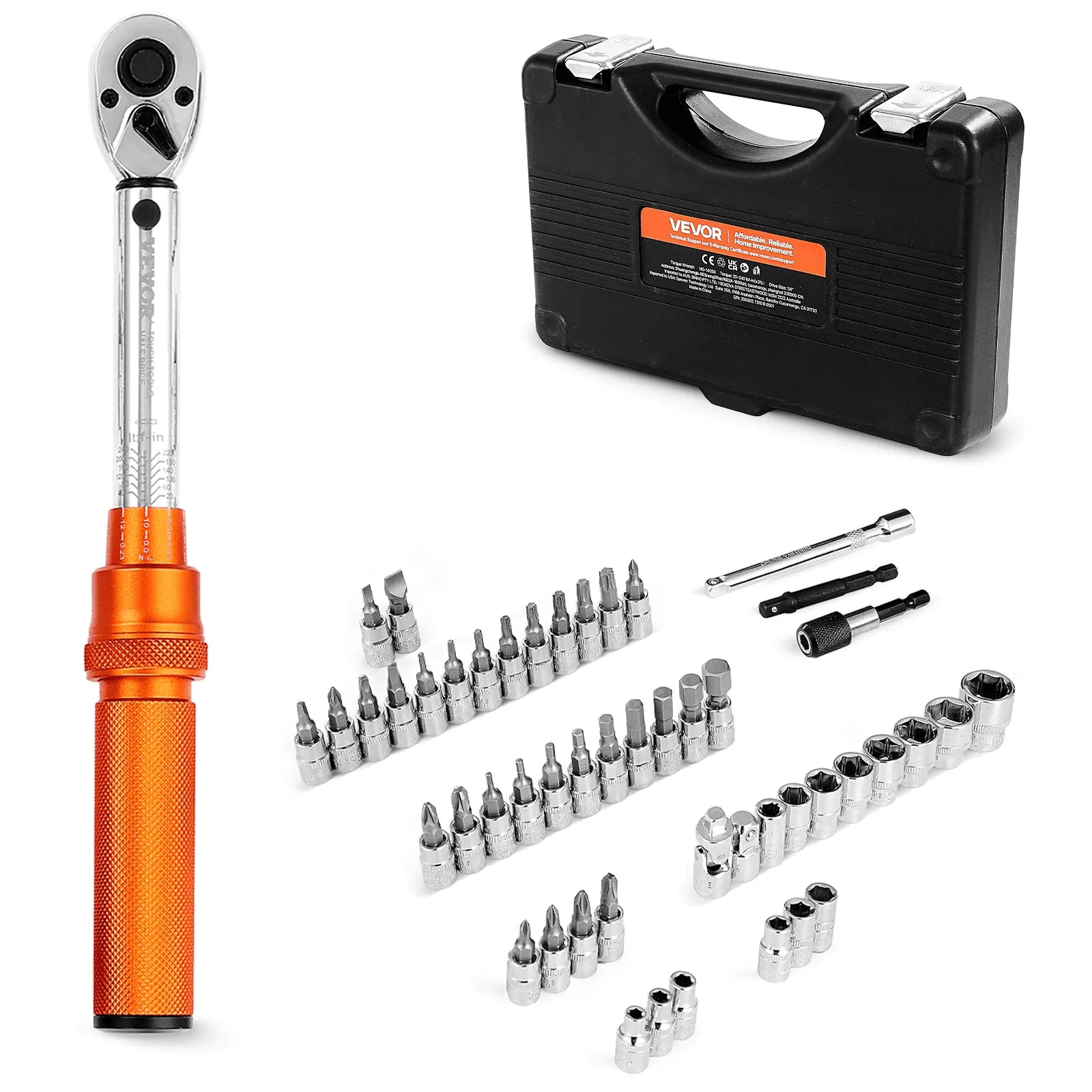 VEVOR Click Torque Wrench Set 1/4Inch Drive 20-240 lbf-in/2.3-27.1N.m Orange