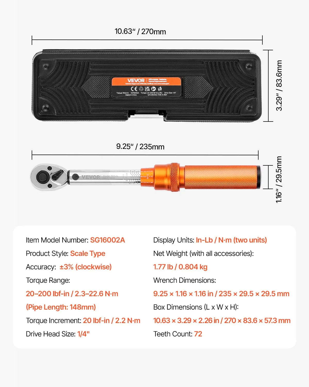 VEVOR Click Torque Wrench Set 1/4 Inch Drive 20-200lbf-in /2.3-22.6N.m Orange