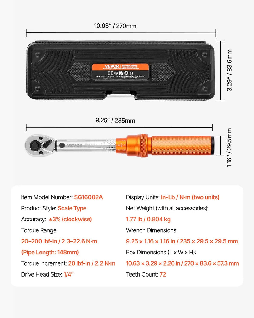 VEVOR Click Torque Wrench Set 1/4 Inch Drive 20-200lbf-in /2.3-22.6N.m Orange