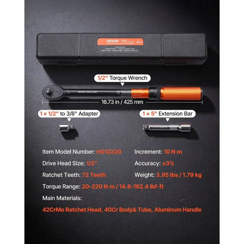 Product Title: VEVOR 1/2-Inch Drive Click Torque Wrench, 14.8-162.4 lb-ft (20-220 N·m), ±3% Precision with Extension Bar, Adapter & Storage Case for Automotive Repair