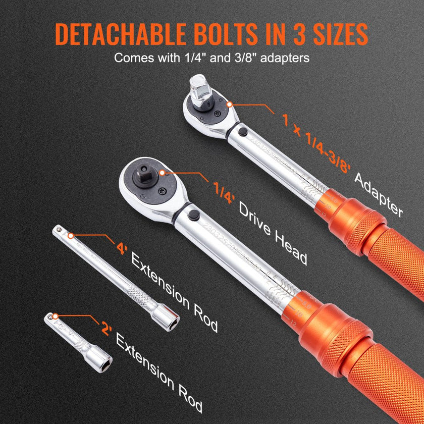 VEVOR Torque Wrench, 1/4-inch Drive Click Torque Wrench 20-200in.lb/3-23n.m, Dual-Direction Adjustable Torque Wrench Set, Mechanical Dual Range Scales Torque Wrench Kit with Adapters Extension Rod