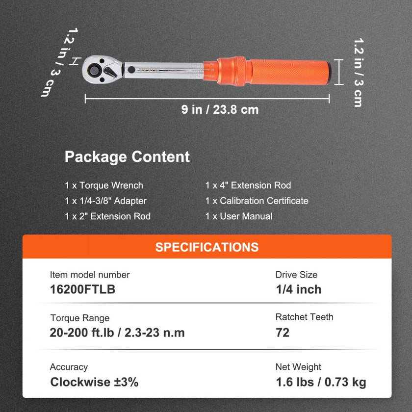 VEVOR Torque Wrench, 1/4-inch Drive Click Torque Wrench 20-200in.lb/3-23n.m, Dual-Direction Adjustable Torque Wrench Set, Mechanical Dual Range Scales Torque Wrench Kit with Adapters Extension Rod